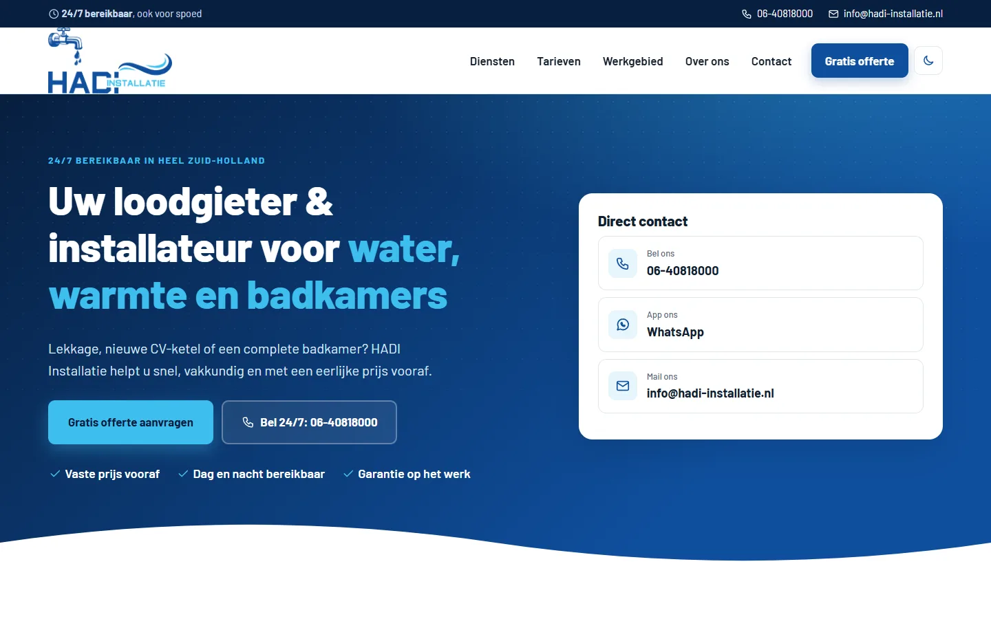 Website van HADI Installatie — desktop